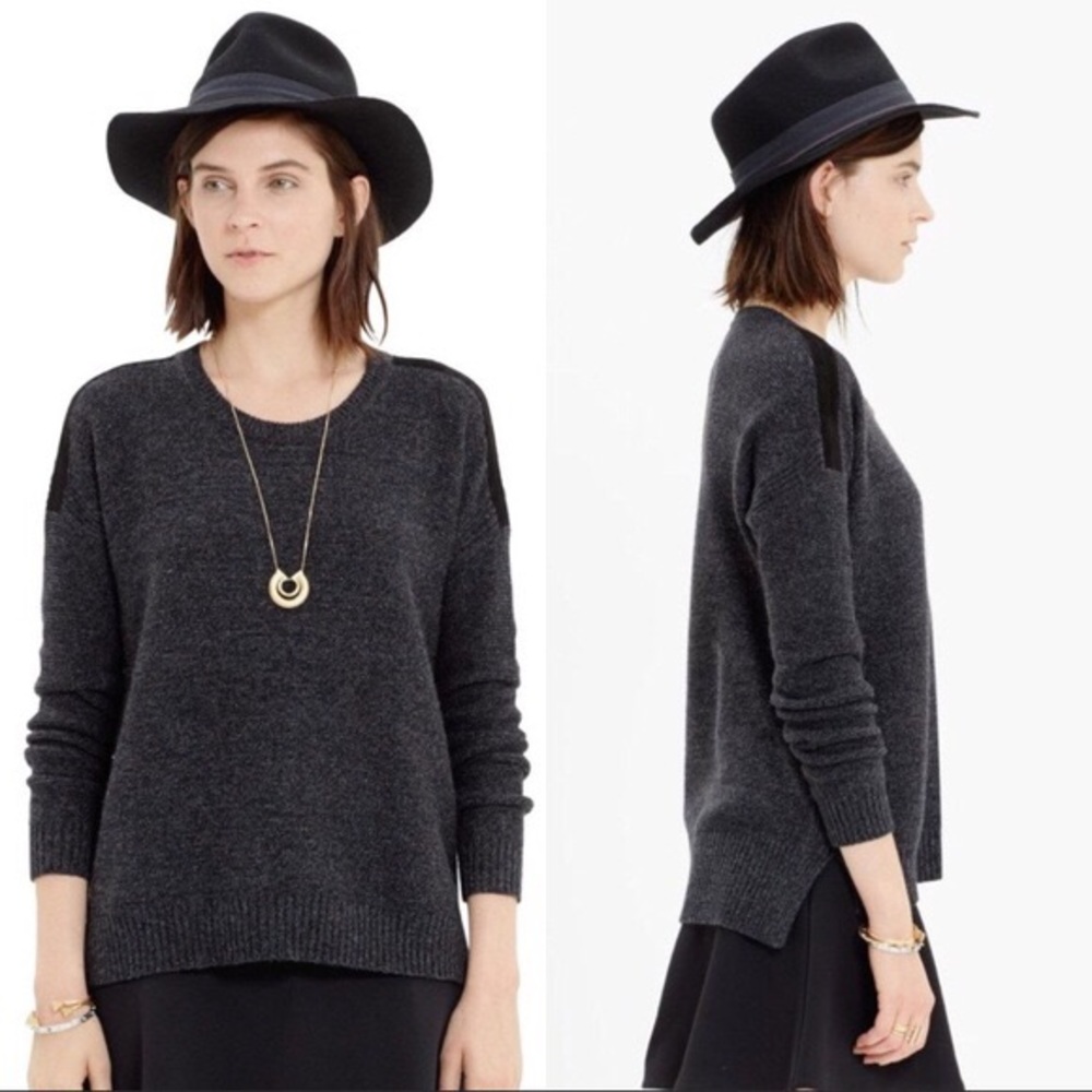 Madewell Grey crewneck sweater with suede shoulder